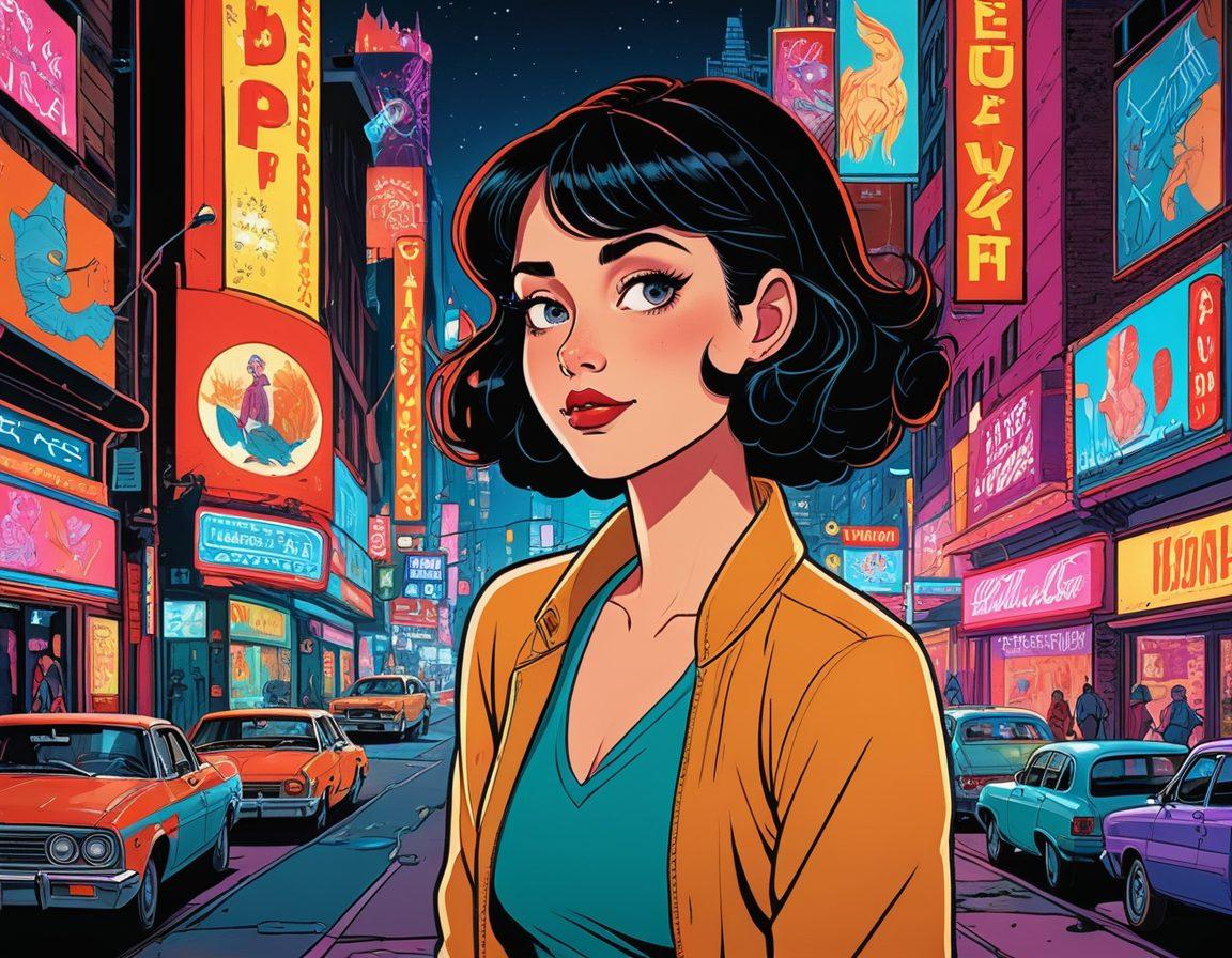 A vibrant collage depicting iconic scenes from graphic novels and adult animations, featuring a mix of bold characters and intricate backgrounds, with elements of humor and sensuality subtly intertwined. Include a whimsical, fantastical cityscape in the background, blending retro and modern styles, filled with colorful neon lights and exaggerated expressions. The overall theme should celebrate the evolution and hidden gems of adult animation, emphasizing creativity and artistic expression. painting. vibrant colors. dynamic composition.