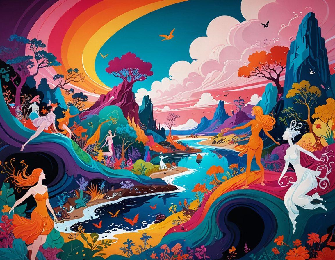 A vivid illustration showcasing an imaginative landscape filled with diverse, exaggerated characters engaged in playful and artistic representations of various fetishes. The scene is bustling with animated elements, a mix of erotic clothing styles, and abstract forms that evoke a sense of boldness and liberation. Incorporate surreal colors, intricate details, and a whimsical atmosphere to emphasize the adventurous spirit of mature storytelling. vibrant colors. surrealistic. dynamic composition.