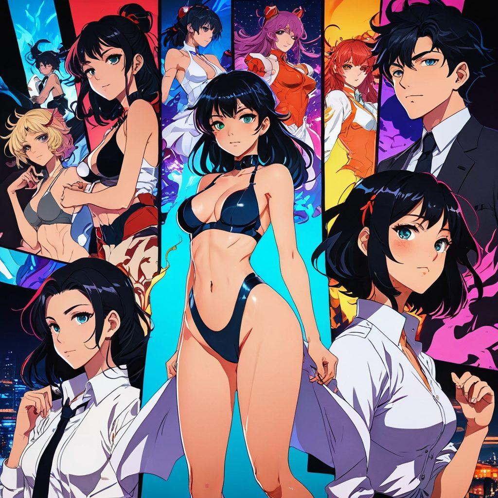 A visually striking collage showcasing various NSFW anime characters, interspersed with vibrant graphic novel panels depicting steamy scenes. In the background, a blend of neon lights and soft shadows creates a captivating atmosphere that draws the viewer in. Incorporate elements of sensuality and artistry, with bold colors that pop, emphasizing the allure of adult animation. Dynamic poses and expressive faces add depth and intrigue to the composition. cartoon style. vibrant colors. whimsical elements.